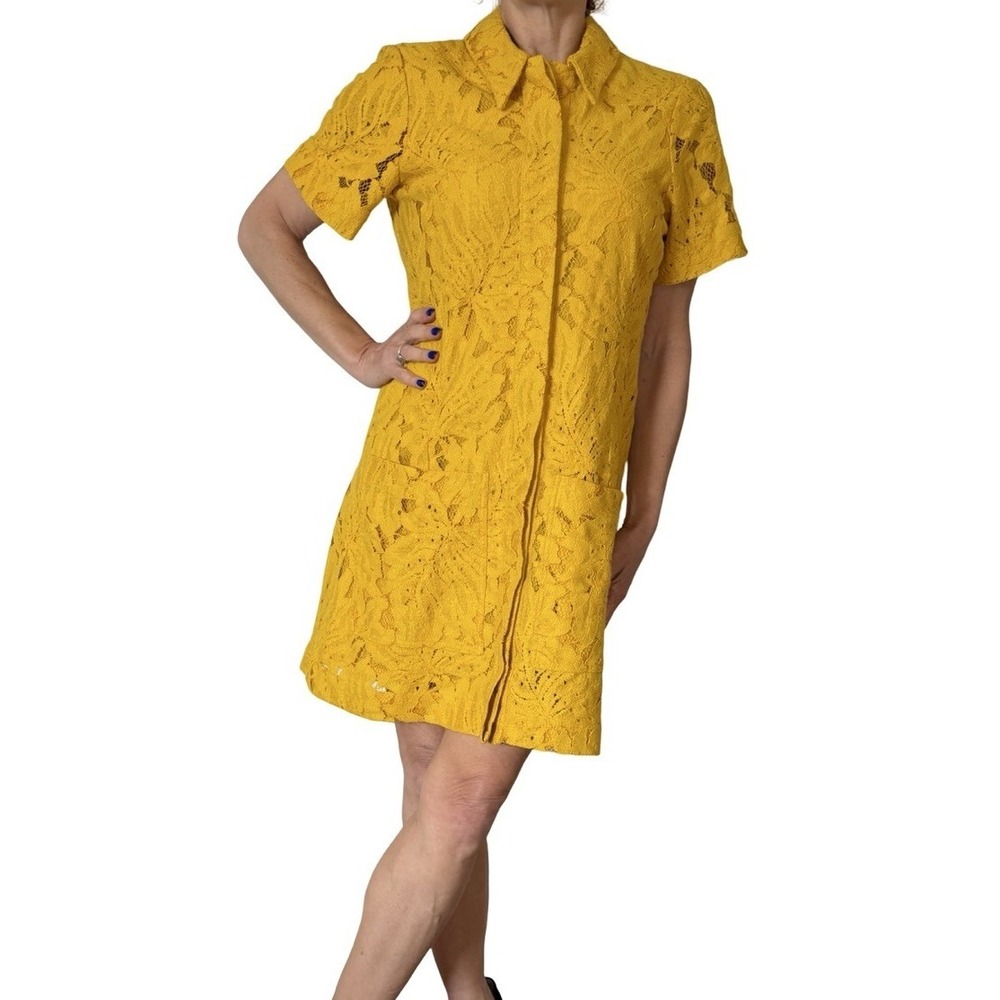 Ted Baker Rille Lace Shirt Dress Short Sleeve Button Down Yellow Mini Women's M - Picture 8 of 16